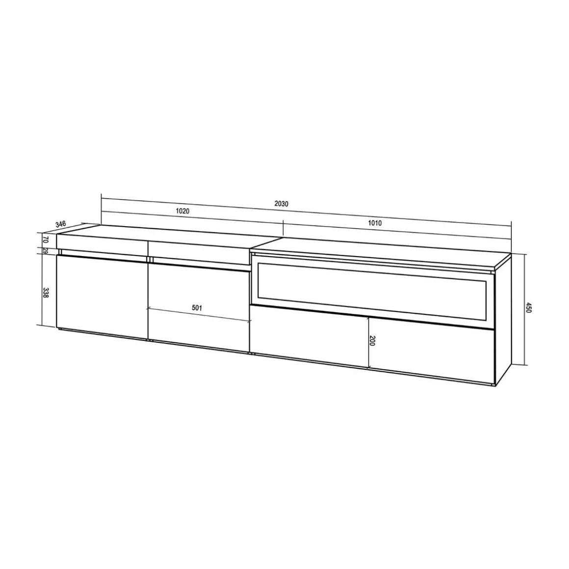 Mueble de TV Kroma flotante 3 puertas con chimenea derecha 45x203x34,6 cm