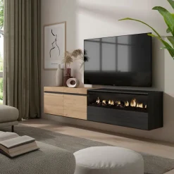 Mueble de TV Kroma flotante 3 puertas con chimenea derecha 45x203x34,6 cm
