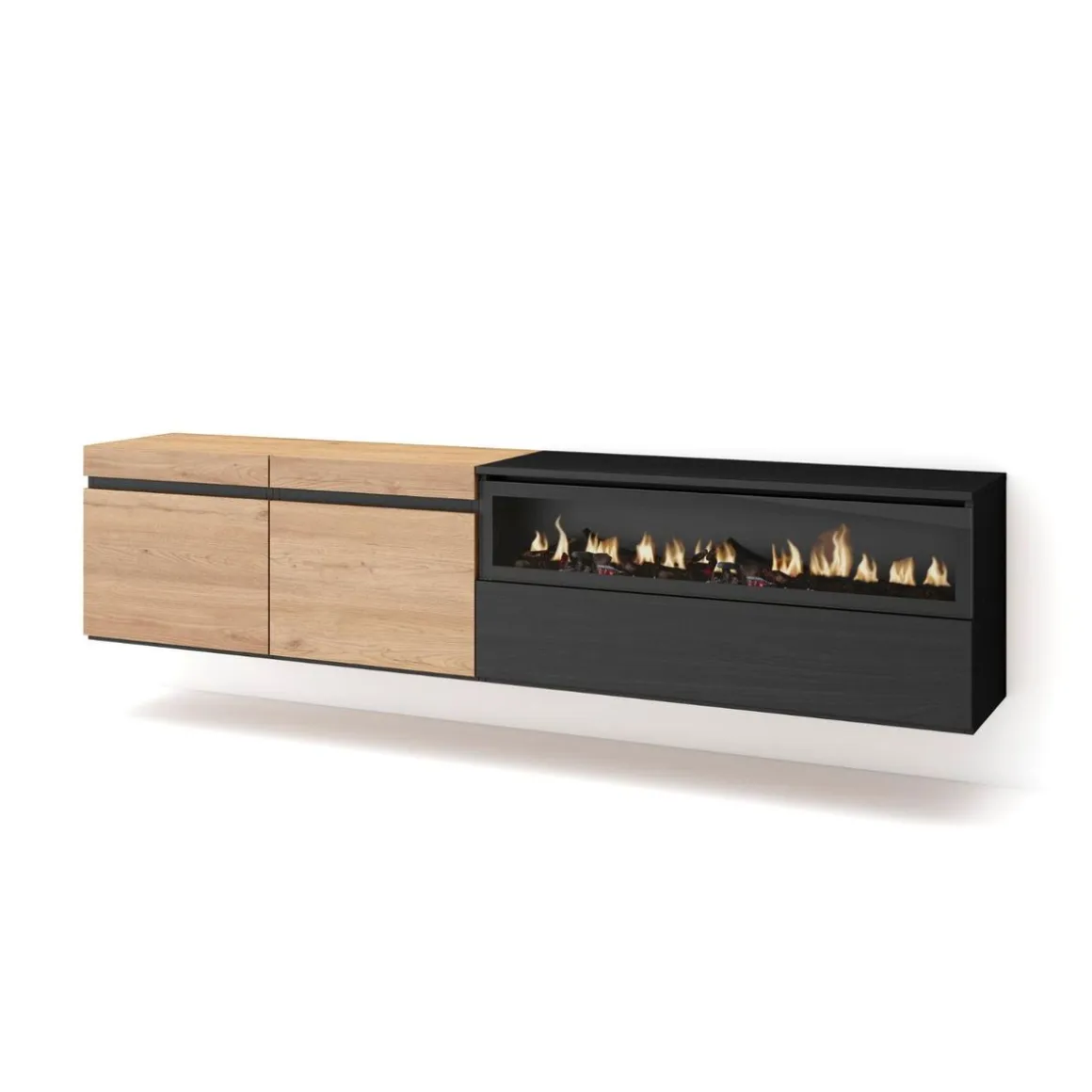 Mueble de TV Kroma flotante 3 puertas con chimenea derecha 45x203x34,6 cm