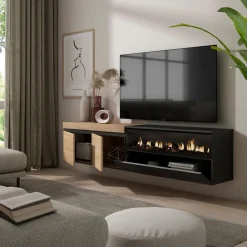 Mueble de TV Kroma flotante 3 puertas con chimenea derecha 45x203x34,6 cm