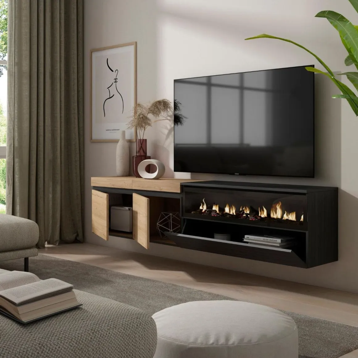 Mueble de TV Kroma flotante 3 puertas con chimenea derecha 45x203x34,6 cm