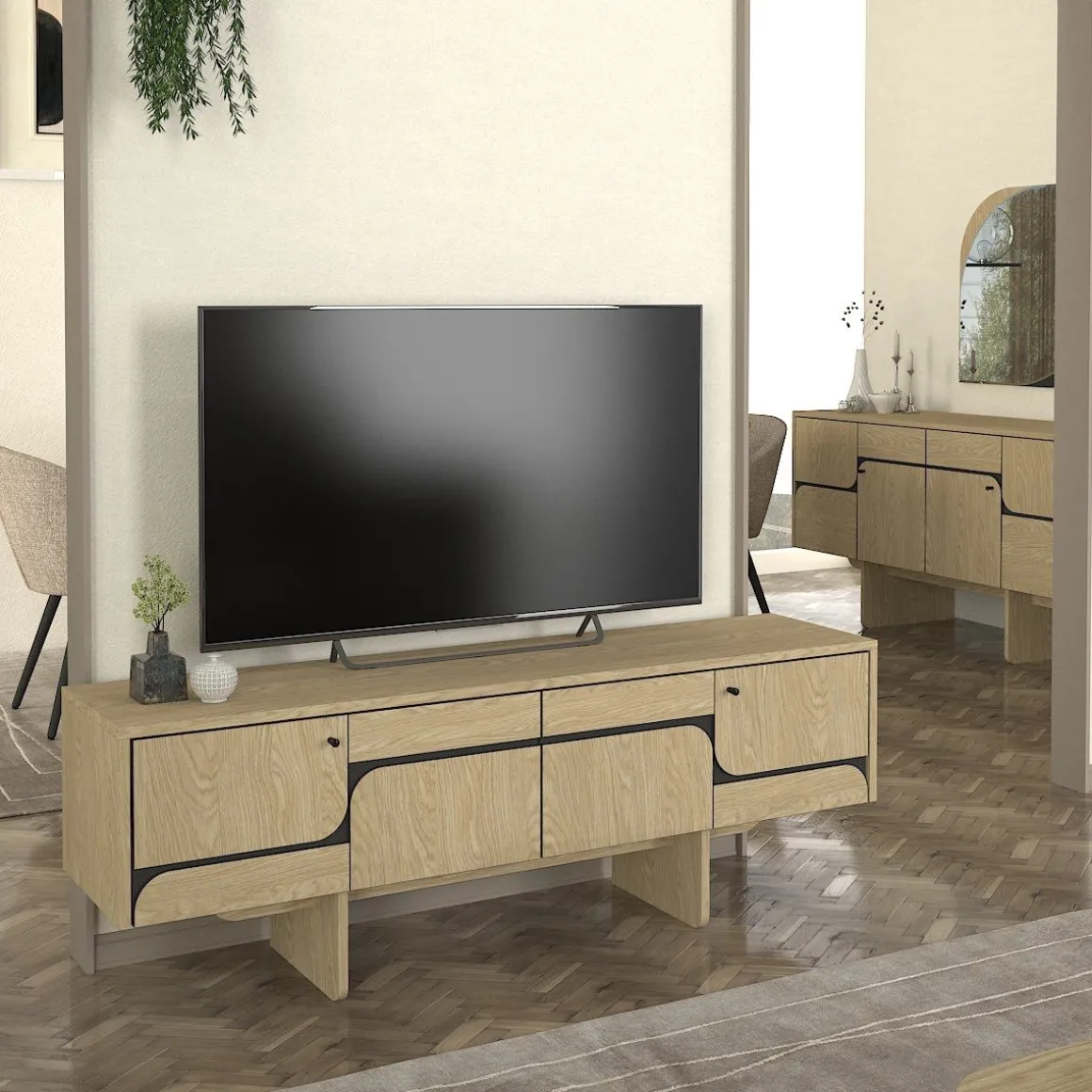 Mueble de TV Lava con puerta abatible antracita/natural 51,3x150x35 cm