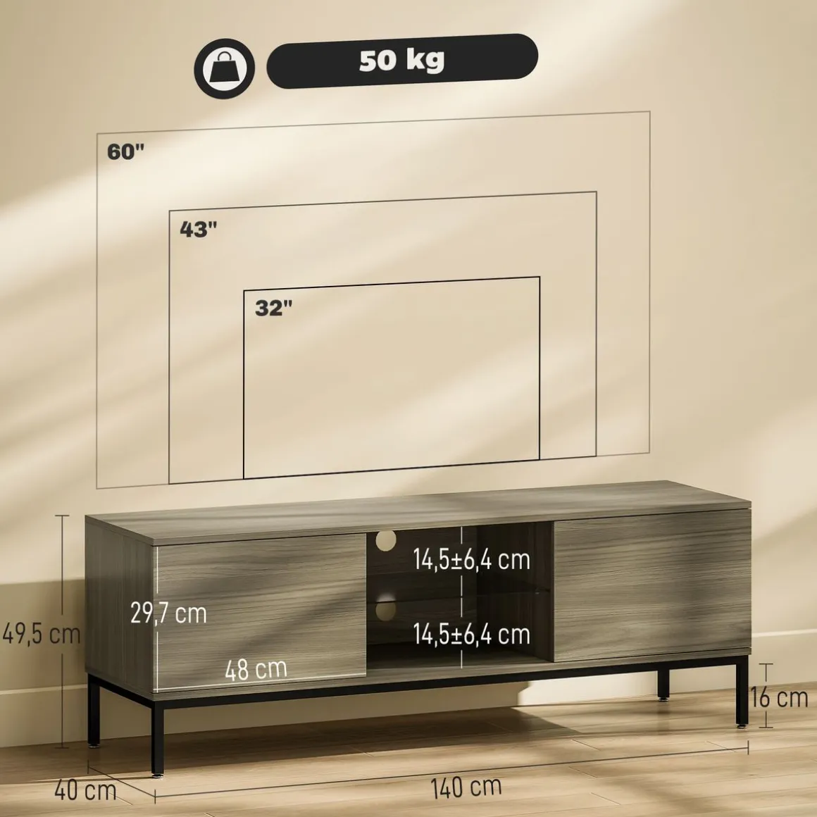 Mueble de TV Ligna Homcom 2 puertas con 2 compartimentos gris 49,5x140x40 cm