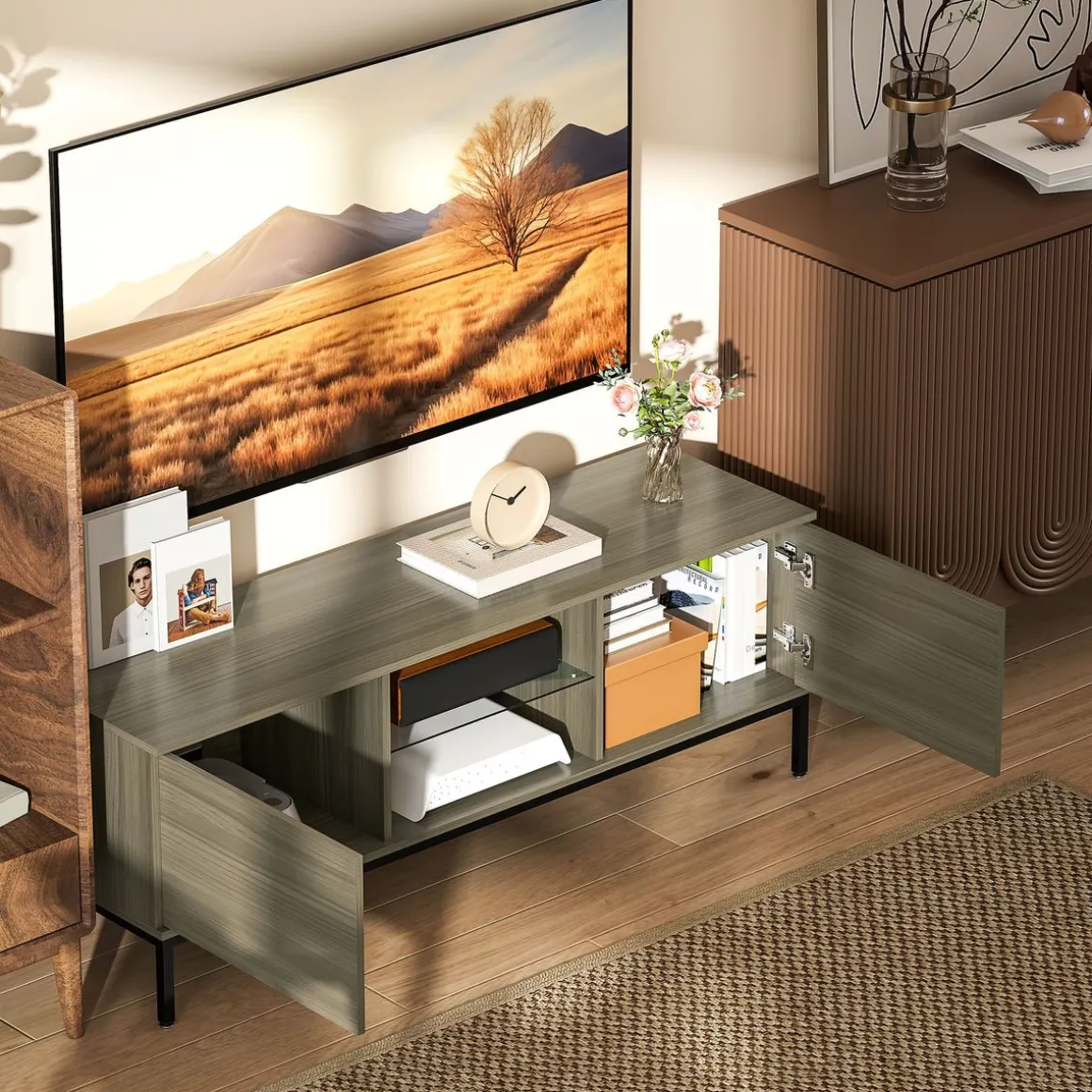 Mueble de TV Ligna Homcom 2 puertas con 2 compartimentos gris 49,5x140x40 cm