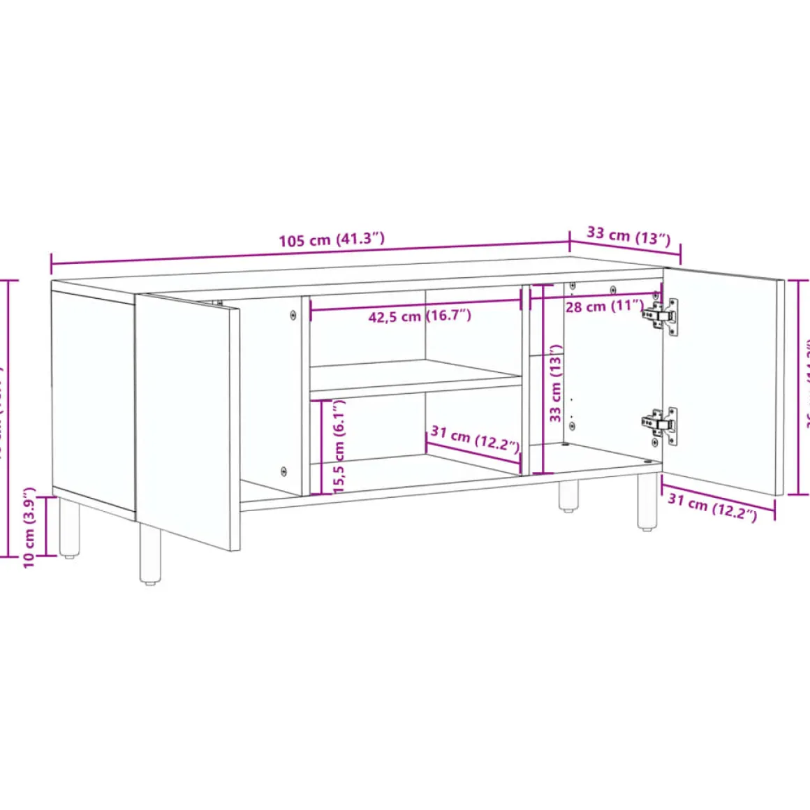 Mueble de TV Lirio 2 armarios + 2 compartimentos negro 46x105x33 cm