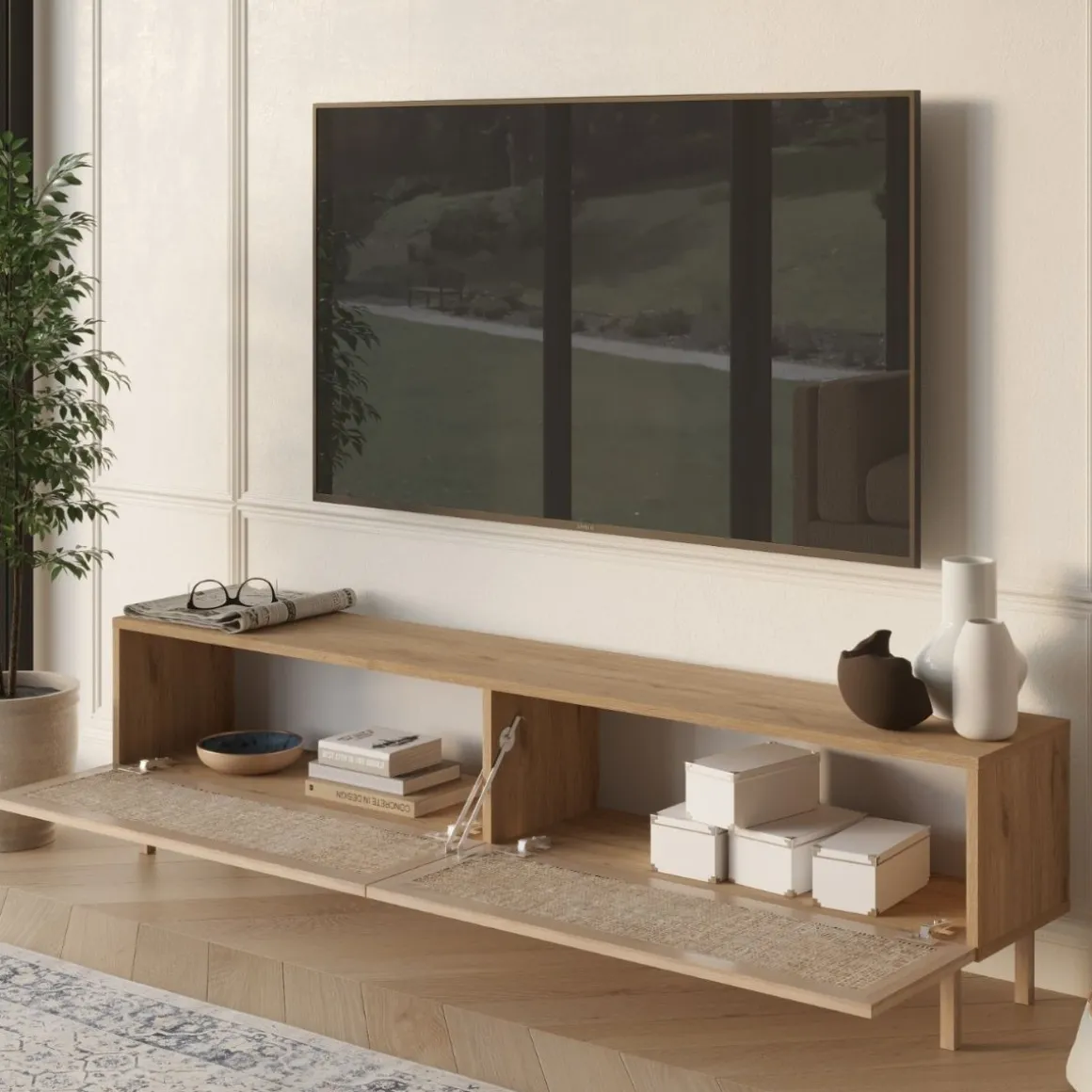 Mueble de TV Lura 2 puertas con tejido natural 47x180x39 cm