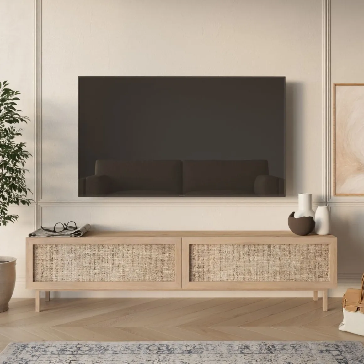 Mueble de TV Lura 2 puertas con tejido natural 47x180x39 cm