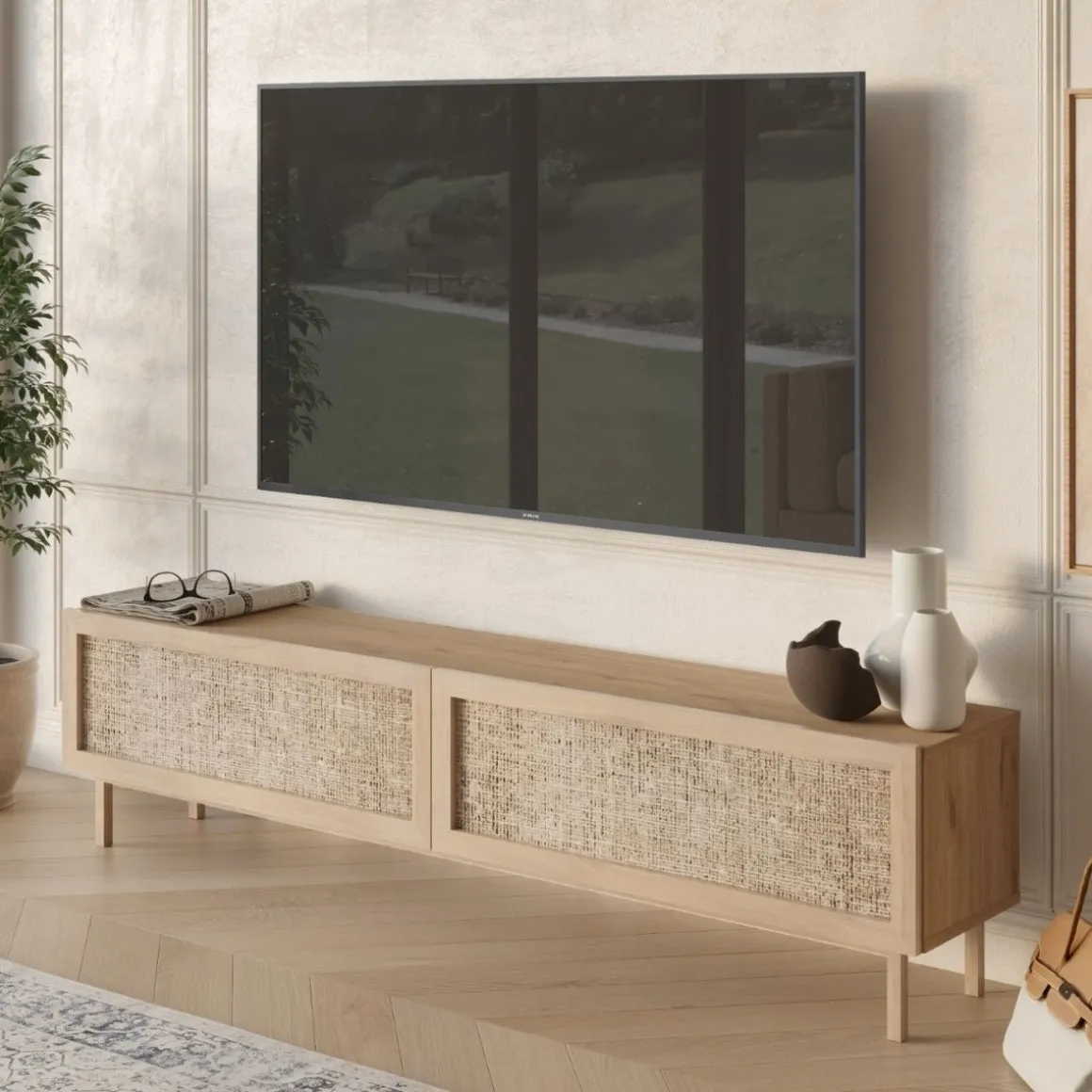 Mueble de TV Lura 2 puertas con tejido natural 47x180x39 cm