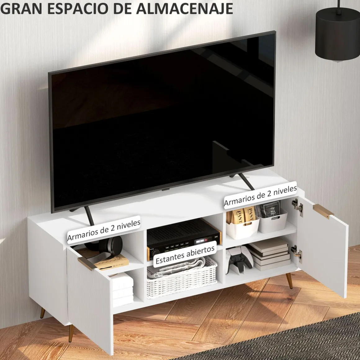Mueble de TV Medusa Homcom 2 compartimentos + 2 puertas blanco 48x120x35 cm