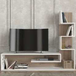 Mueble de TV Metehan con estantería lateral blanco/natural 120x150x30 cm