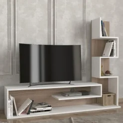 Mueble de TV Metehan con estantería lateral blanco/natural 120x150x30 cm