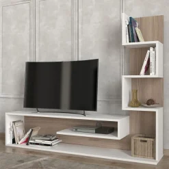 Mueble de TV Metehan con estantería lateral blanco/natural 120x150x30 cm