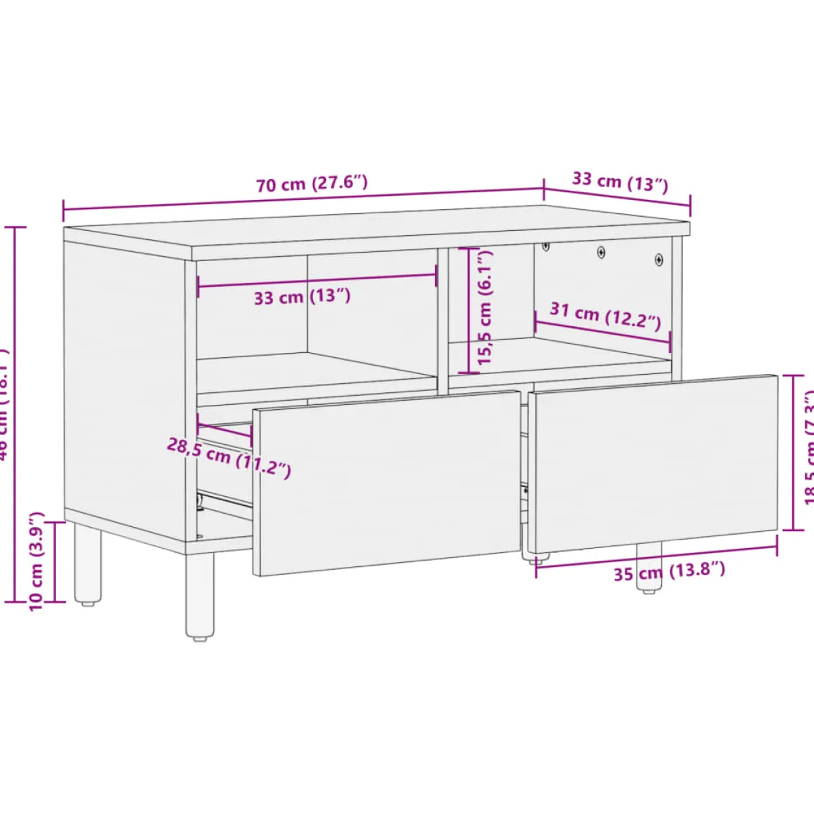 Mueble de TV Milano 2 compartimentos + 2 cajones negro 46x70x33 cm