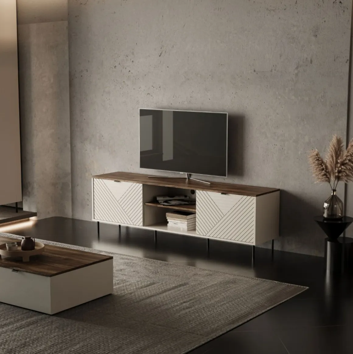 Mueble de TV Mirage 2 puertas con 2 compartimentos beige/roble 55x183x40 cm