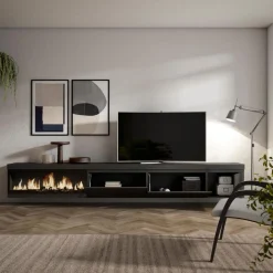 Mueble de TV modelo Kroma flotante 3 puertas con chimenea izquierda 45x318x35 cm