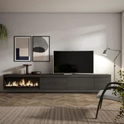 Mueble de TV modelo Kroma flotante 3 puertas con chimenea izquierda 45x318x35 cm