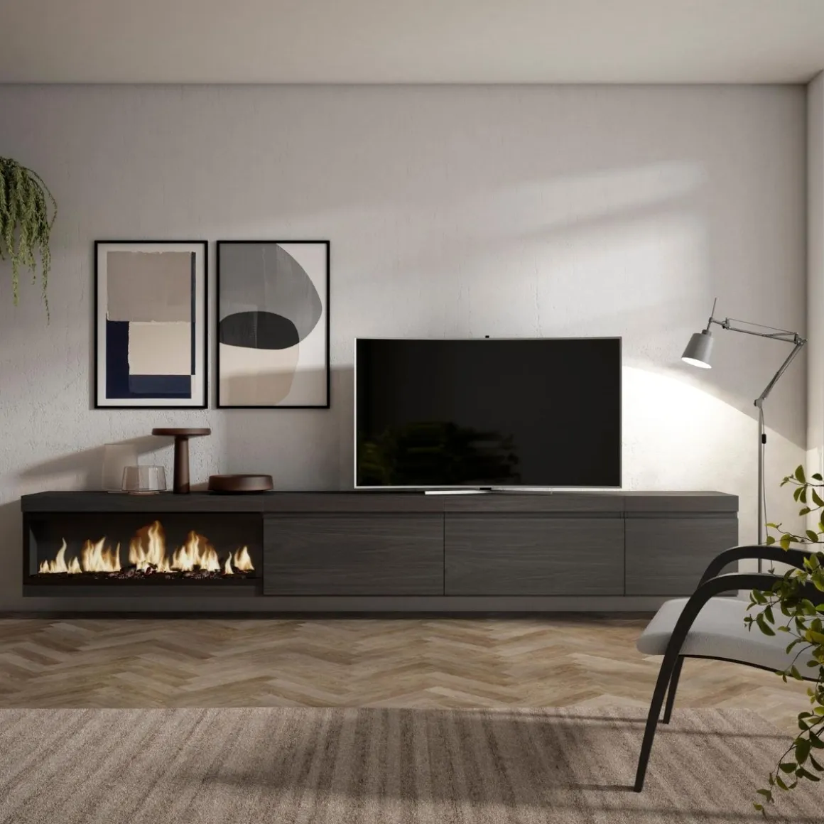 Mueble de TV modelo Kroma flotante 3 puertas con chimenea izquierda 45x318x35 cm