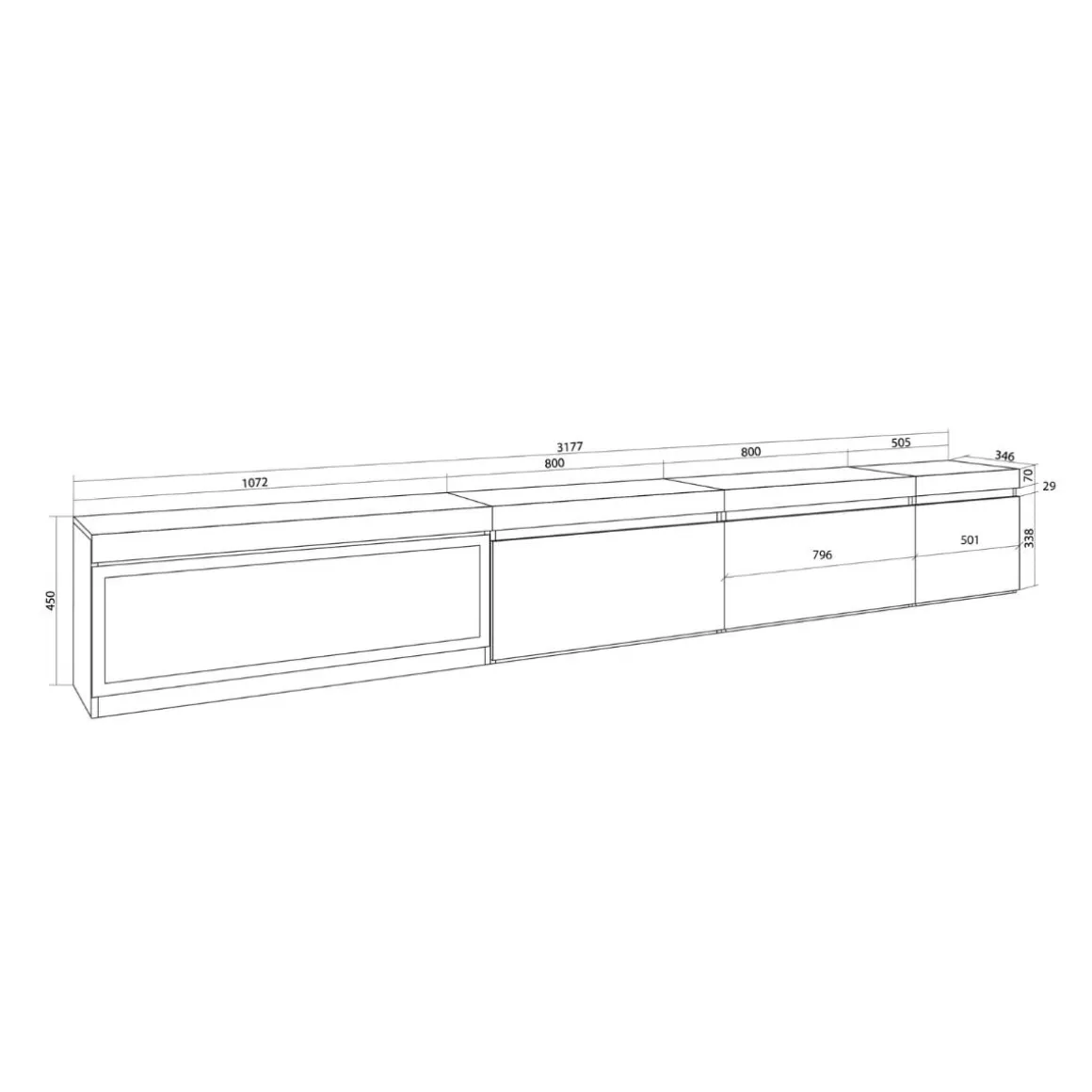 Mueble de TV modelo Kroma flotante 3 puertas con chimenea izquierda 45x318x35 cm
