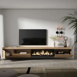 Mueble de TV modelo Kroma flotante 3 puertas con chimenea centro-derecha 45x318x35 cm