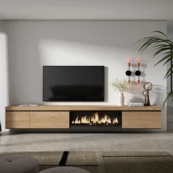 Mueble de TV modelo Kroma flotante 3 puertas con chimenea centro-derecha 45x318x35 cm