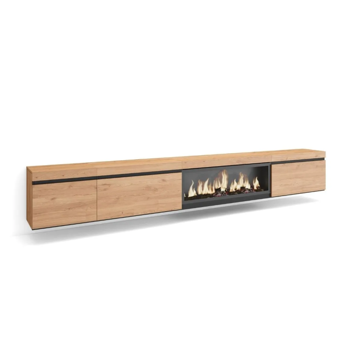 Mueble de TV modelo Kroma flotante 3 puertas con chimenea centro-derecha 45x318x35 cm