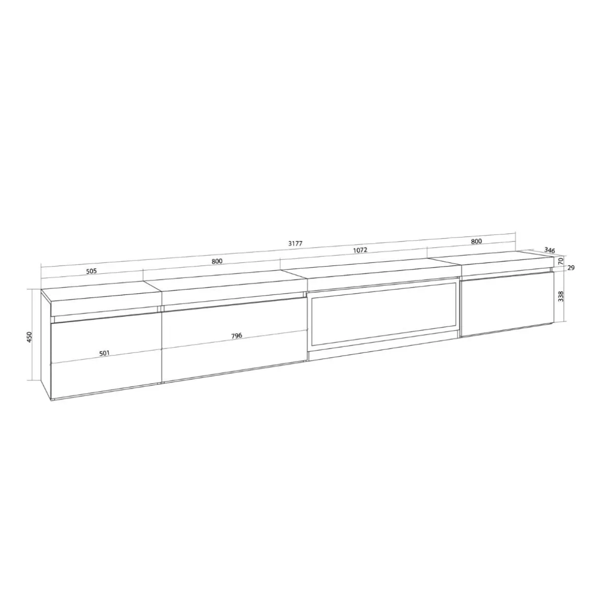 Mueble de TV modelo Kroma flotante 3 puertas con chimenea centro-derecha 45x318x35 cm
