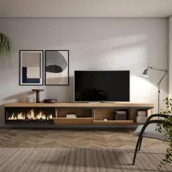 Mueble de TV modelo Kroma flotante 3 puertas con chimenea izquierda 45x318x35 cm