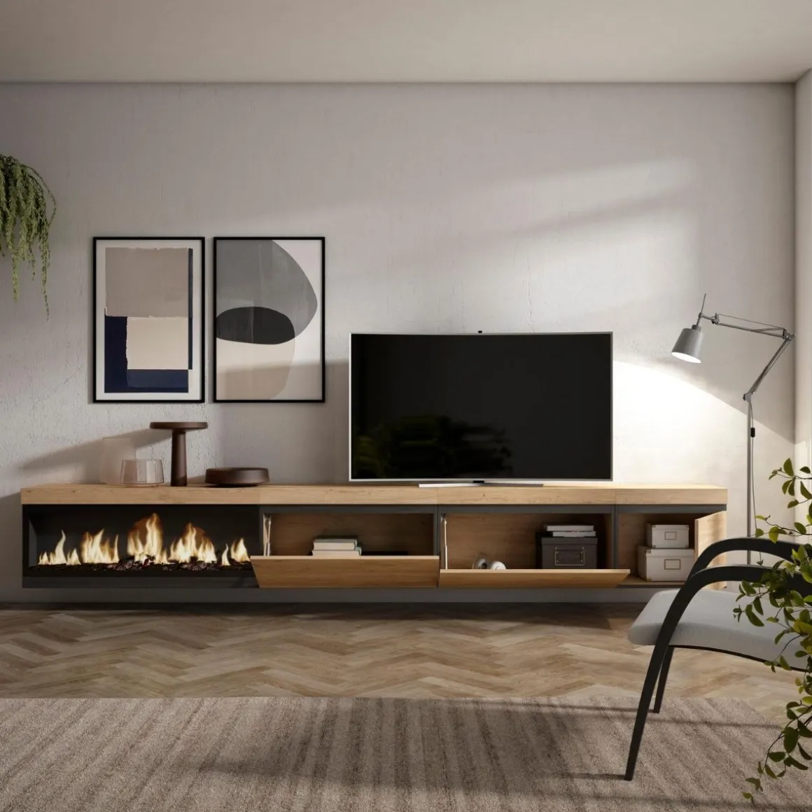 Mueble de TV modelo Kroma flotante 3 puertas con chimenea izquierda 45x318x35 cm