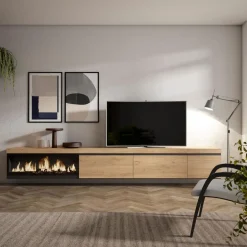Mueble de TV modelo Kroma flotante 3 puertas con chimenea izquierda 45x318x35 cm