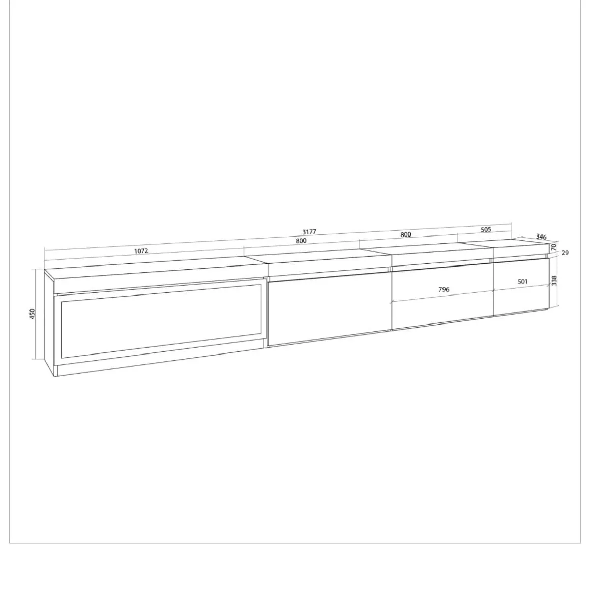 Mueble de TV modelo Kroma flotante 3 puertas con chimenea izquierda 45x318x35 cm