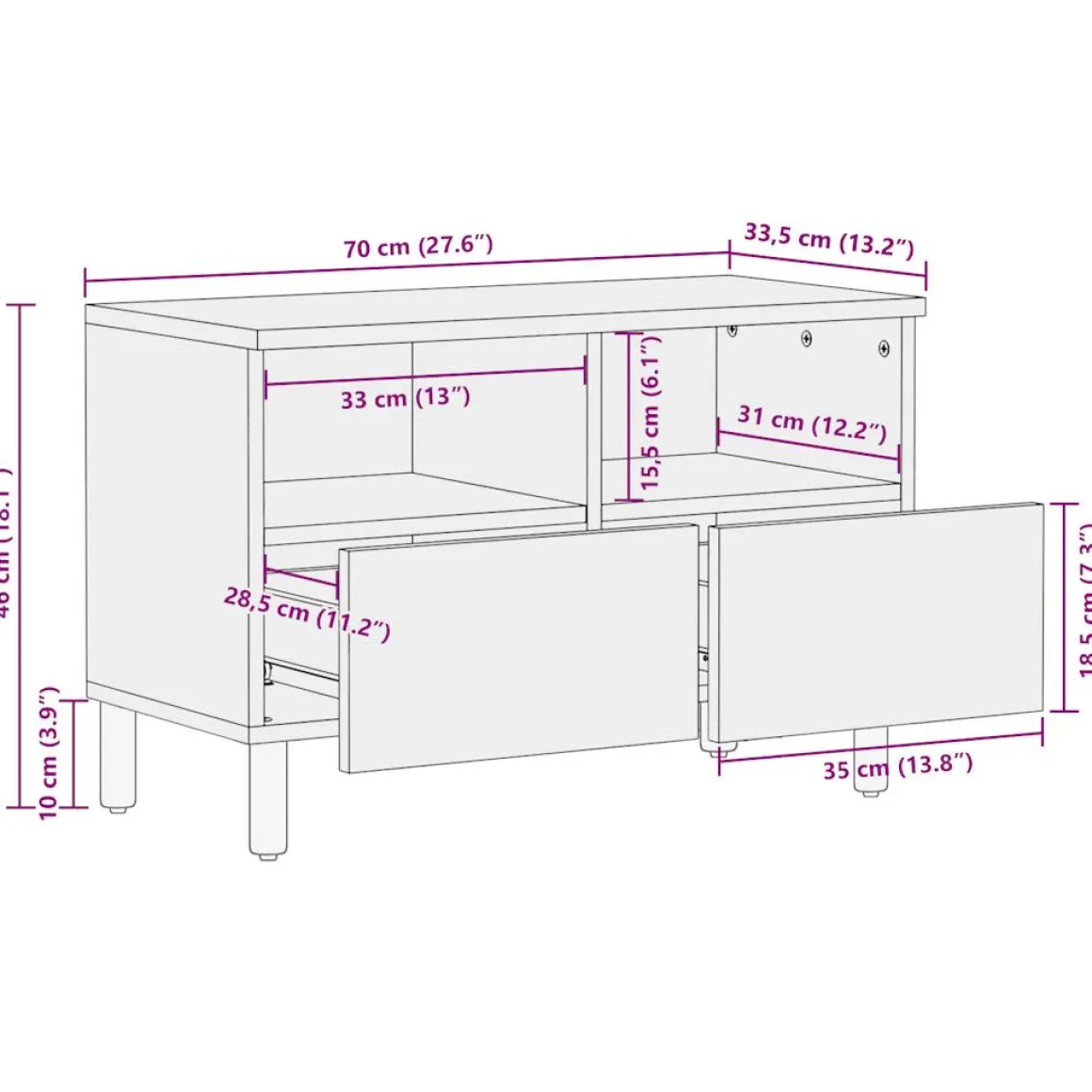 Mueble de TV Naskar 2 compartimentos + 2 cajones negro/natural 46x70x33,5 cm