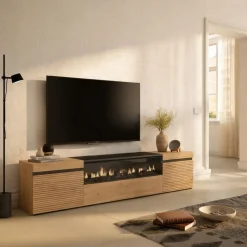 Mueble de TV Neos 3 puertas con chimenea centro 45x200x35 cm