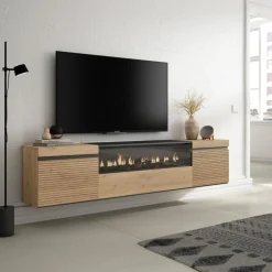 Mueble de TV Neos flotante 3 puertas con chimenea centro roble 45x200x35 cm