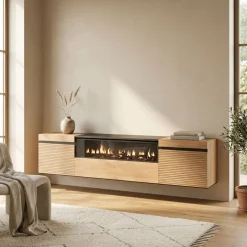 Mueble de TV Neos flotante 3 puertas con chimenea centro roble 45x200x35 cm