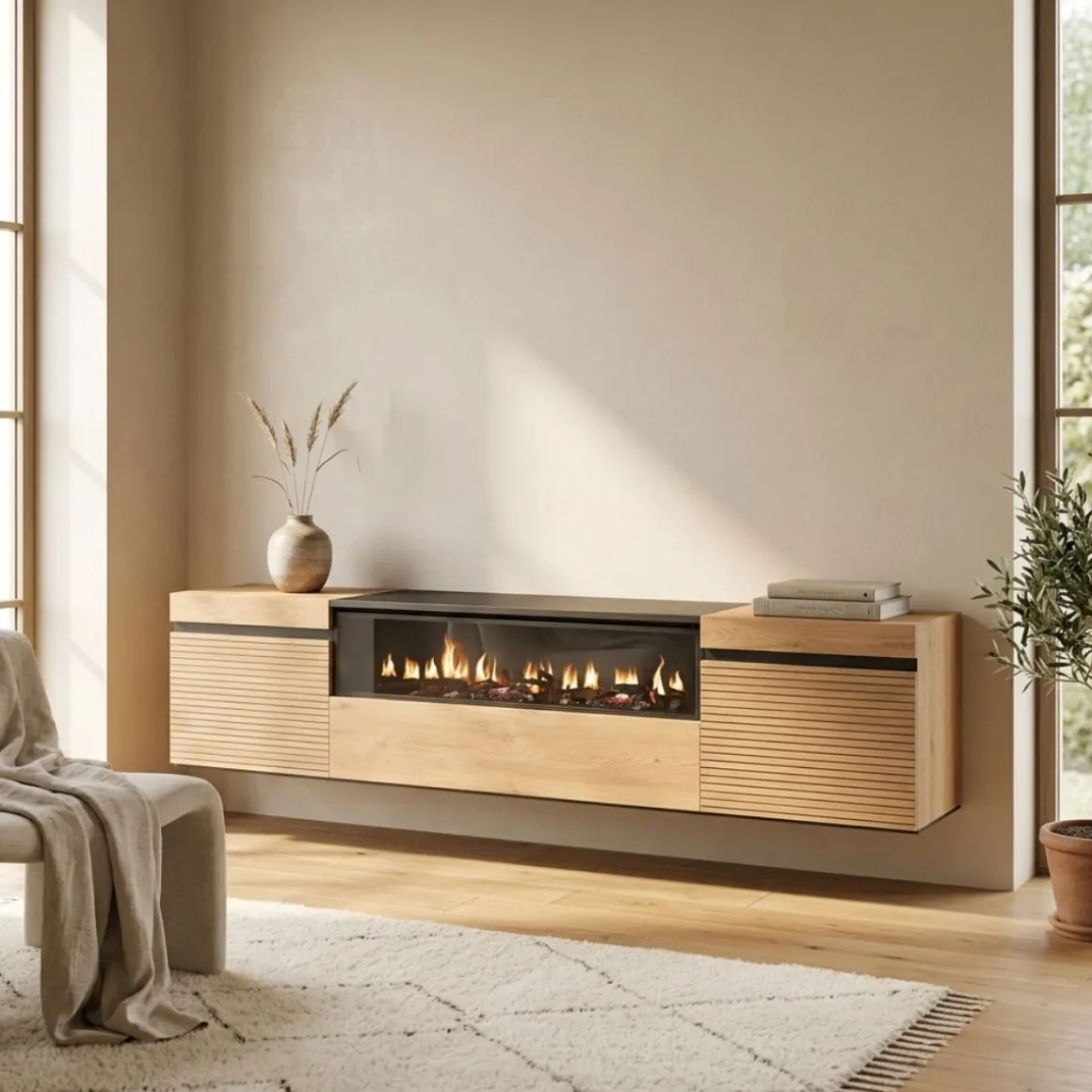 Mueble de TV Neos flotante 3 puertas con chimenea centro roble 45x200x35 cm