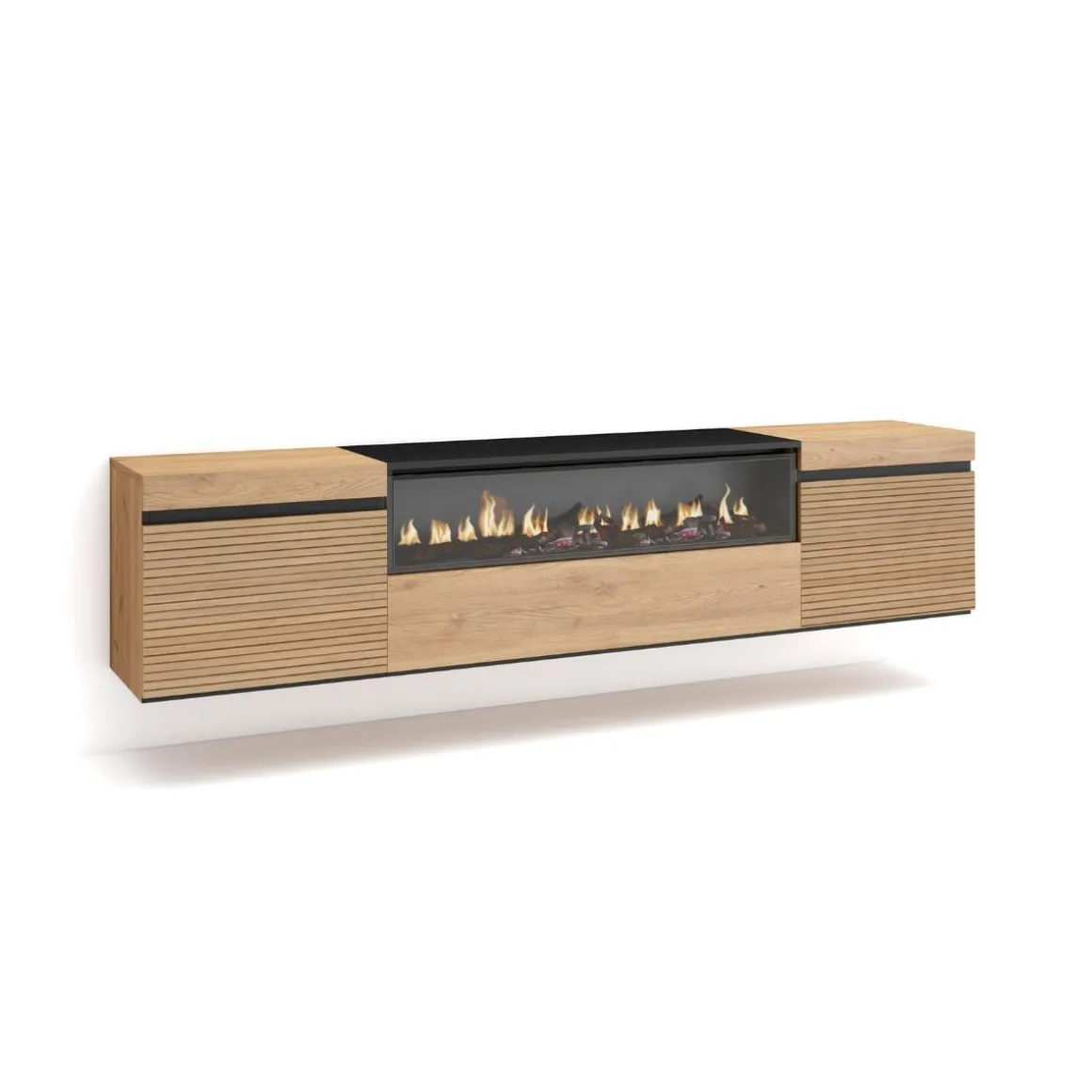 Mueble de TV Neos flotante 3 puertas con chimenea centro roble 45x200x35 cm