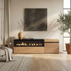 Mueble de TV Neos listones con chimenea izquierda natural/negro 45x152,5x34,6 cm