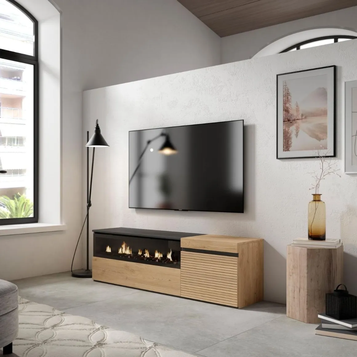 Mueble de TV Neos listones con chimenea izquierda natural/negro 45x152,5x34,6 cm