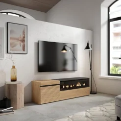 Mueble de TV Neos listones con chimenea derecha natural/negro 45x152,5x34,6 cm