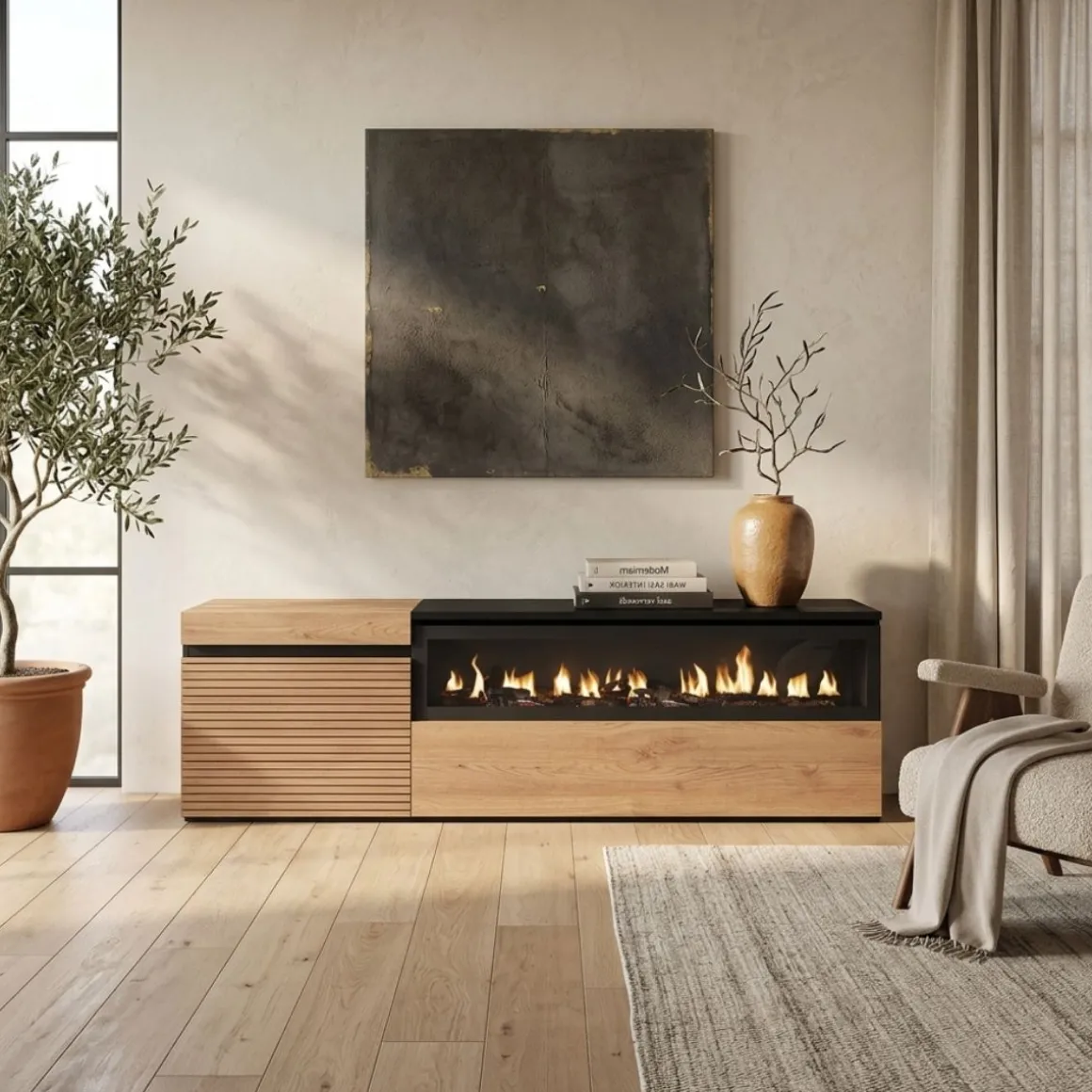 Mueble de TV Neos listones con chimenea derecha natural/negro 45x152,5x34,6 cm