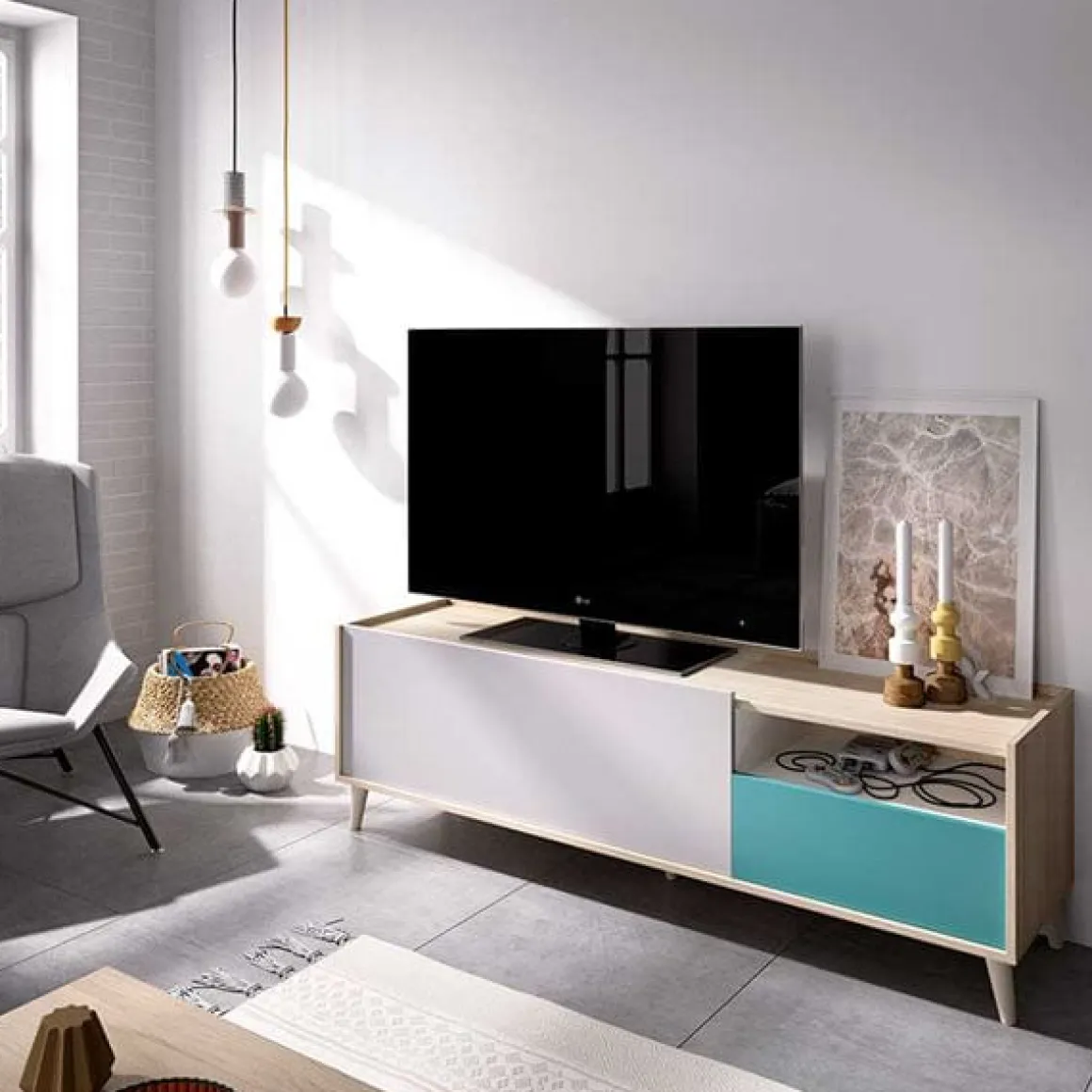 Mueble de TV Nova puerta abatible con cajón y compartimento multicolor 47x155x43 cm