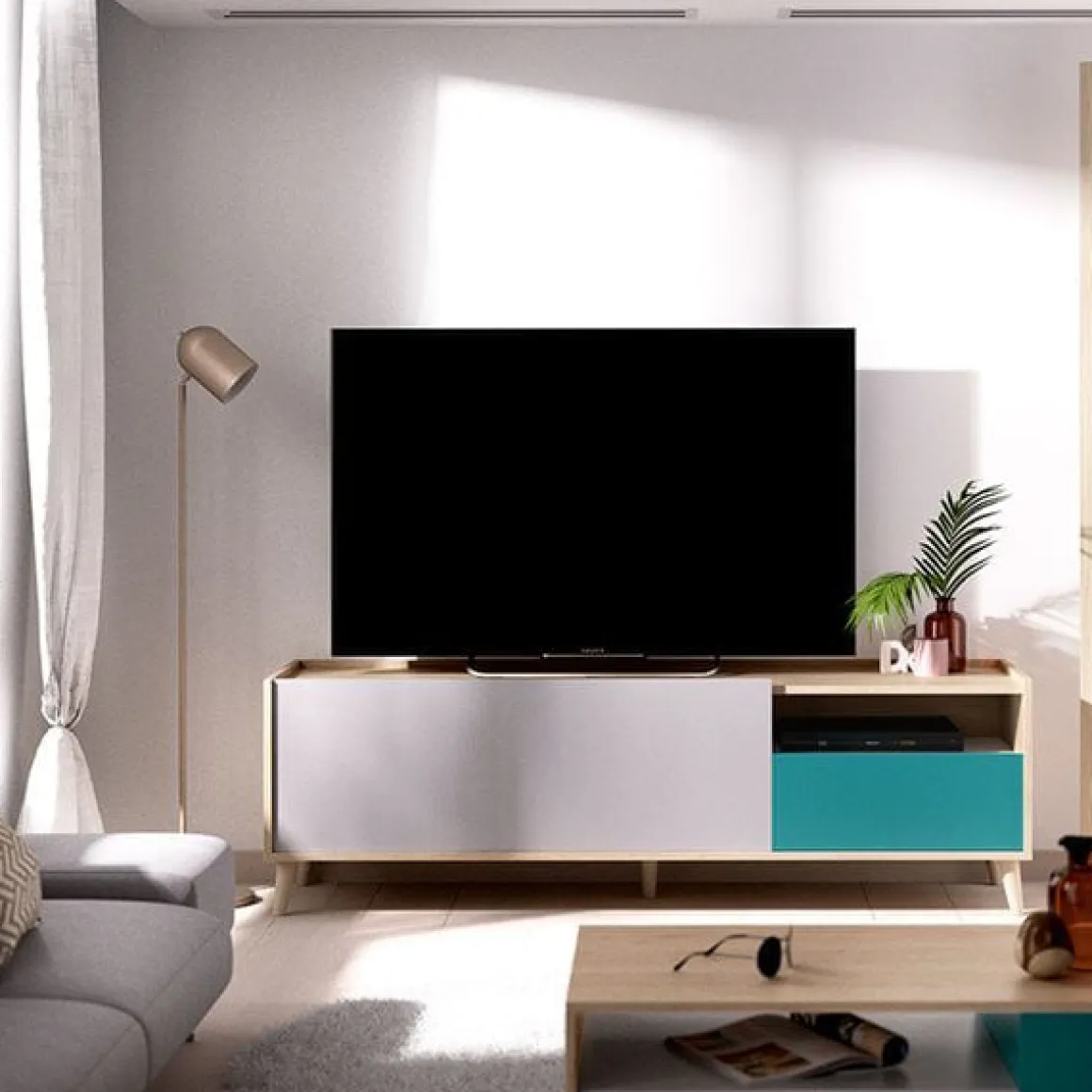 Mueble de TV Nova puerta abatible con cajón y compartimento multicolor 47x155x43 cm