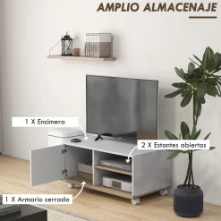 Mueble de TV Okami Homcom armario + 2 estantes + 4 ruedas blanco 39,5x80x45 cm