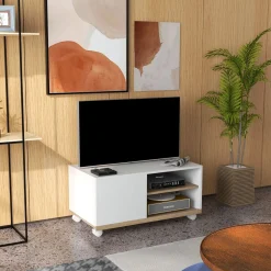 Mueble de TV Okami Homcom armario + 2 estantes + 4 ruedas blanco 39,5x80x45 cm