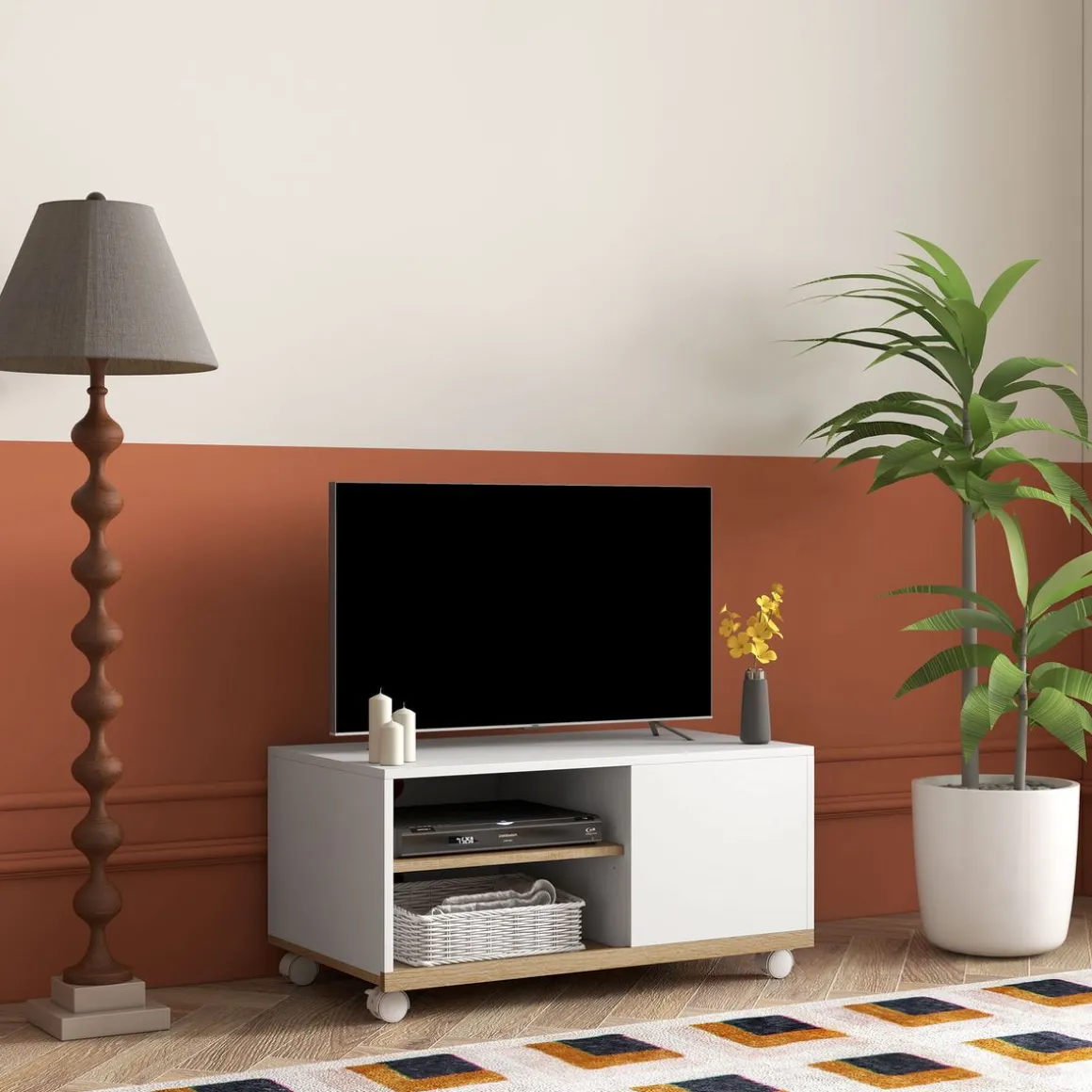 Mueble de TV Okami Homcom armario + 2 estantes + 4 ruedas blanco 39,5x80x45 cm