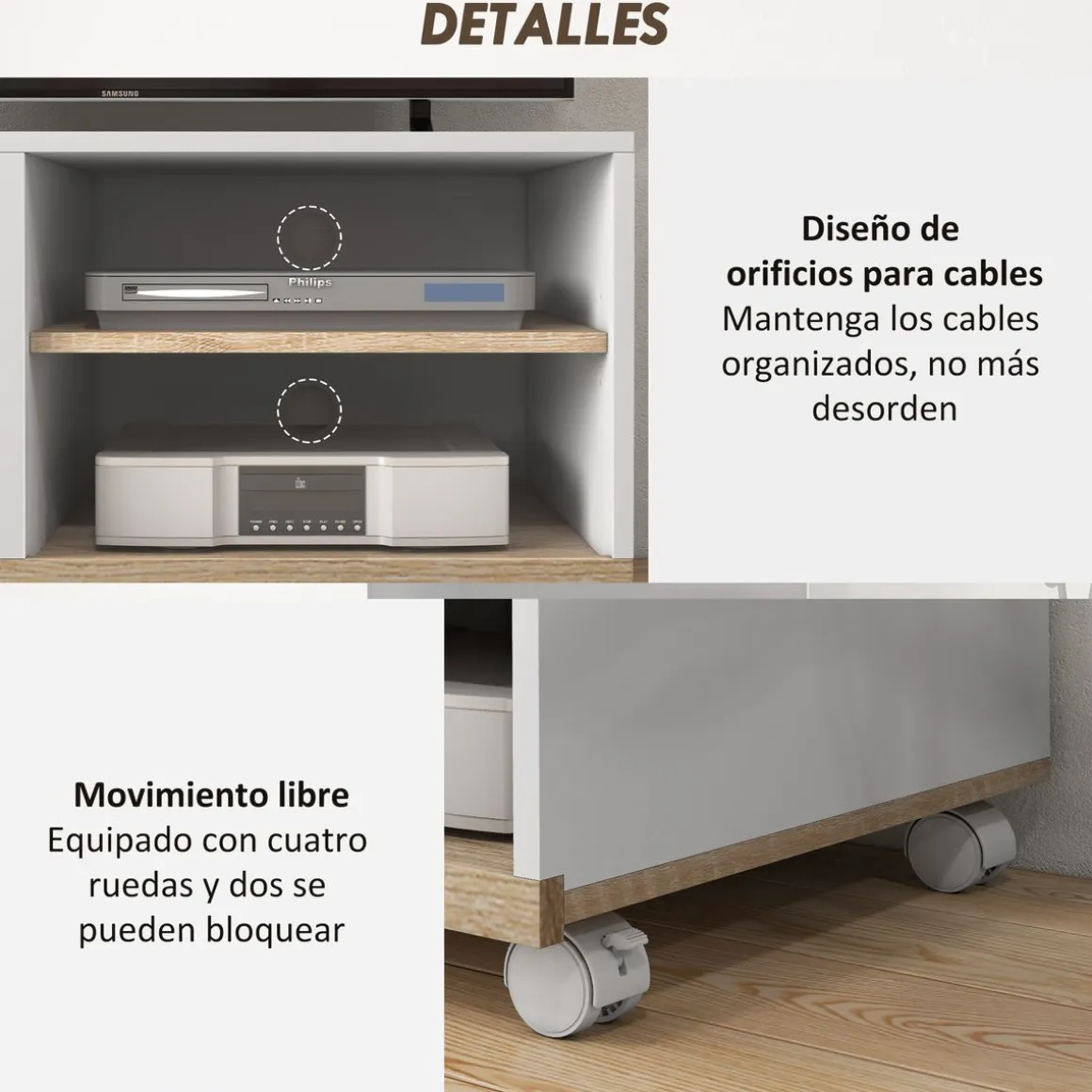 Mueble de TV Okami Homcom armario + 2 estantes + 4 ruedas blanco 39,5x80x45 cm