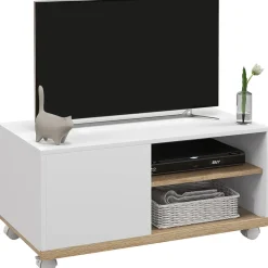Mueble de TV Okami Homcom armario + 2 estantes + 4 ruedas blanco 39,5x80x45 cm
