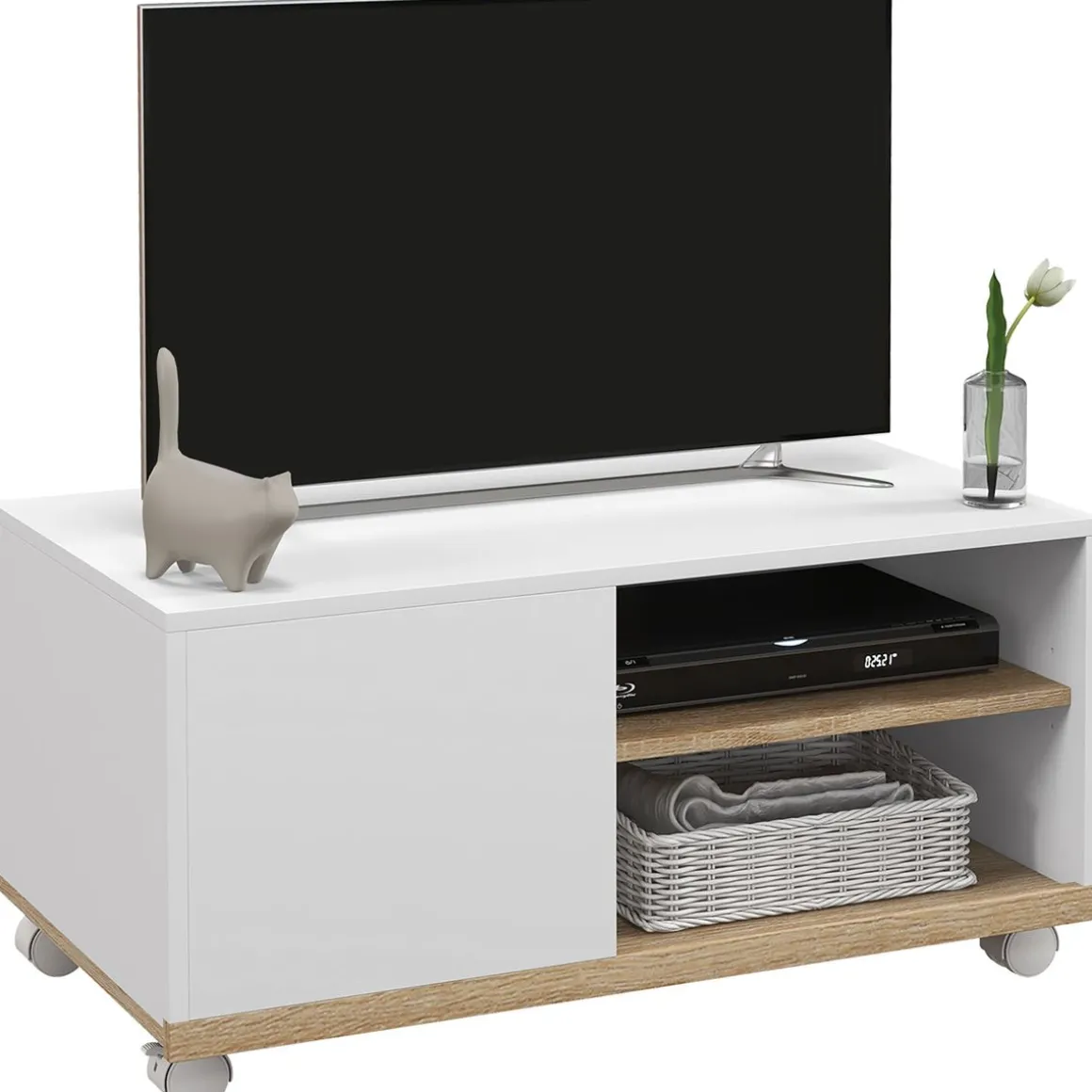 Mueble de TV Okami Homcom armario + 2 estantes + 4 ruedas blanco 39,5x80x45 cm