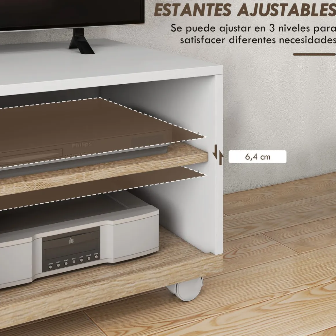 Mueble de TV Okami Homcom armario + 2 estantes + 4 ruedas blanco 39,5x80x45 cm