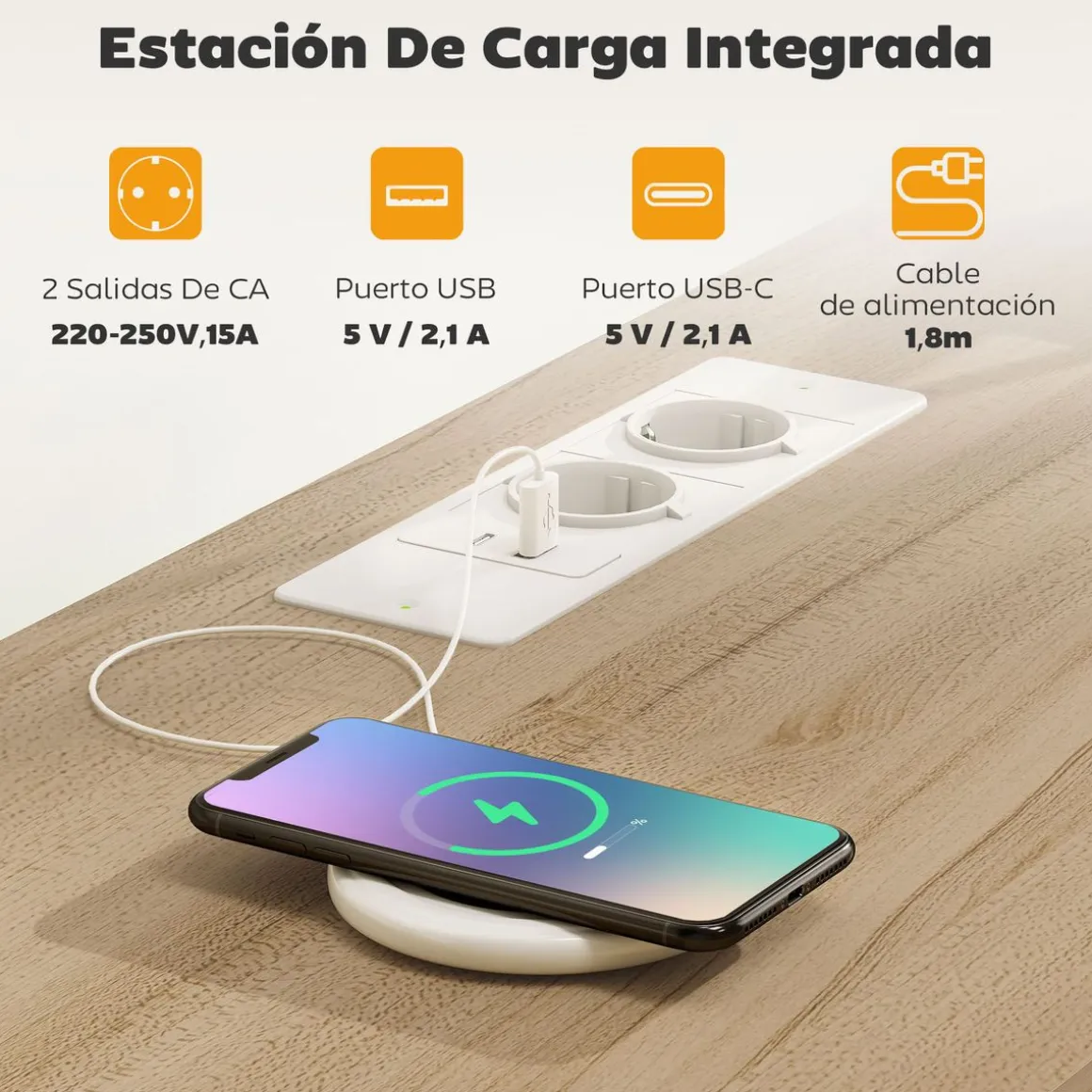 Mueble de TV Olvian Homcom 4 cajones con luz LED y puertos USB beige/blanco 67,5x120x30 cm